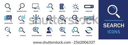 Search icon set. Featuring detailed illustrations of magnifying glass, find, research, SEO and investigate icons. Solid  Cohesive set of scalable vector icons.