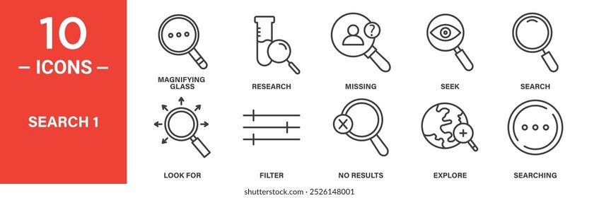 Search Icon Set Featuring Magnifying Glass, Research, Filter, and Explore Symbols