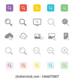 Search icon set. Image, cloud, file searching signs for web,mobile apps isolated on white background. Magnifying glass,zoom in, zoom out, image search icon in collection blue, yellow, green, red color
