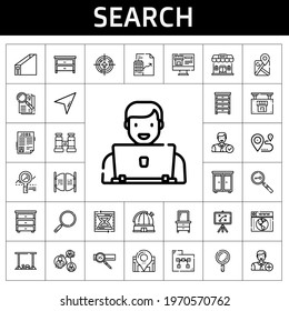 search icon set. line icon style. search related icons such as cursor, loupe, job search, engine, real estate, drawer, employee, binocular, analysis, observe, google maps