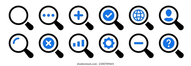 Search icon set. Magnifying glass loupe collection. Find, research, SEO and investigate icons. Vector illustration.