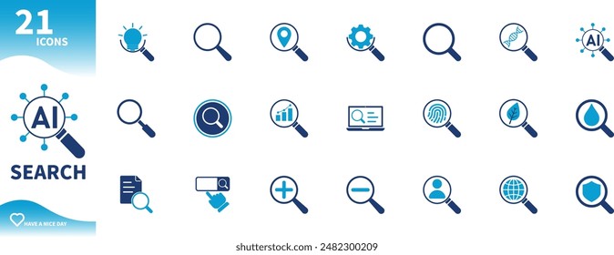 Search icon. Set of magnifying glass icons, research, investigation, analysis,...