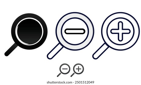 Search icon set. search magnifying glass sign and symbol zoom out or zoom in