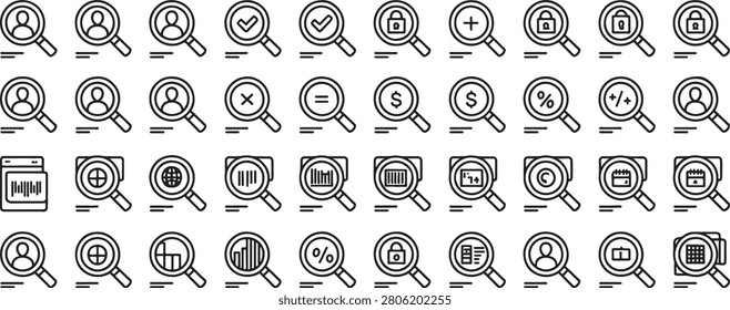 Search Icon Set with Magnifying Glass and Business Symbols for Finance, Security, Analytics, and Accounts