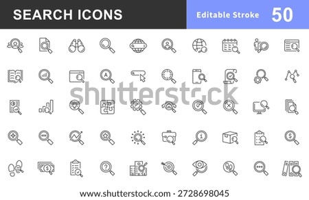 Search icon set. Magnifying glass linear icon collection. Contains SEO, digital marketing, data analysis, management, investigation, find and more. Editable stroke. Vector illustration