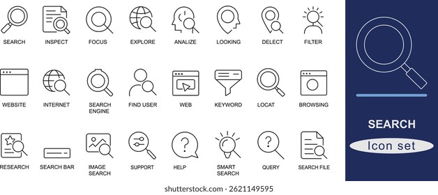 Search icon set. Minimal line icons based on search and discovery concepts like magnifier, filter, zoom, and explore. Ideal for UI, mobile apps, websites, and infographics