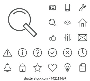 Search icon in set on the white background. Universal linear icons to use in web and mobile app.