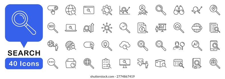Search icon set. SEO icons in line style. Editable web icons magnifying glass, research, investigate, find, loupe etc. Vector illustration.