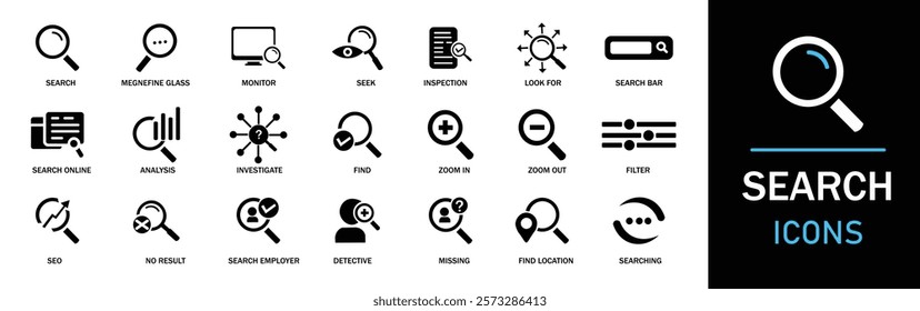 Search icon set. Showcasing intricately designed representations of magnifying glass, find, research, SEO and investigate icons. A well-organized collection of adaptable solid vector icons