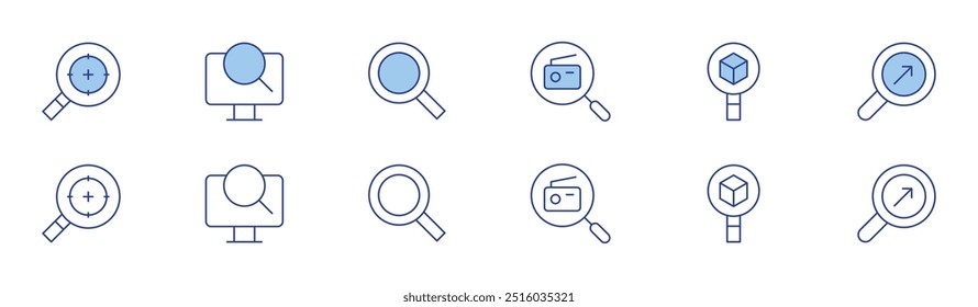 Search icon set in two styles, Duotone and Thin Line style. Editable stroke. search, target, computer, magnifying glass.