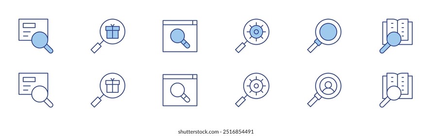 Search icon set in two styles, Duotone and Thin Line style. Editable stroke. research, search, recruiter, searching, seo.