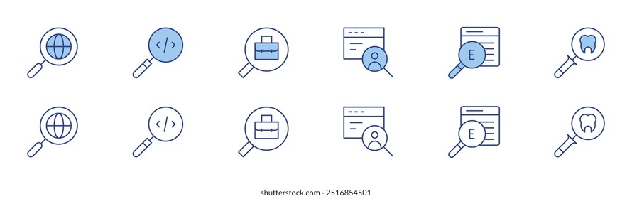 Search icon set in two styles, Duotone and Thin Line style. Editable stroke. online recruitment, search, analysis, job search.