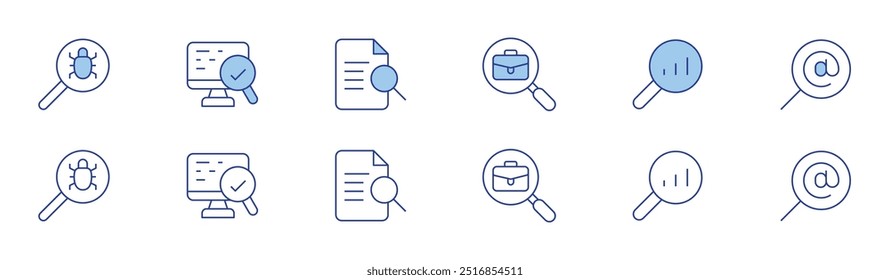 Search icon set in two styles, Duotone and Thin Line style. Editable stroke. job search, search, checking, preview.