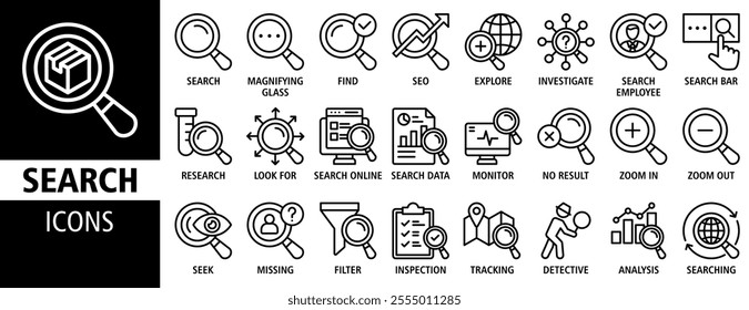 Search icon set vector concept illustration. Containing icon of magnifying glass, find, research, SEO and investigate icons. Outline icon symbol background collection.