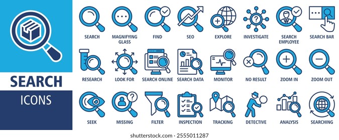 Search icon set vector concept illustration. Containing icon of magnifying glass, find, research, SEO and investigate icons. Outline icon symbol background collection.