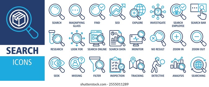 Search icon set vector concept illustration. Containing icon of magnifying glass, find, research, SEO and investigate icons. Outline icon symbol background collection.