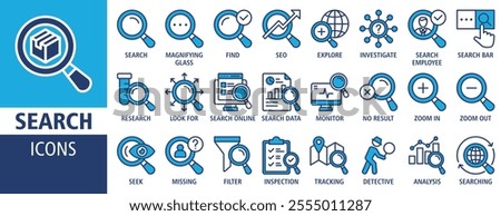 Search icon set vector concept illustration. Containing icon of magnifying glass, find, research, SEO and investigate icons. Outline icon symbol background collection.