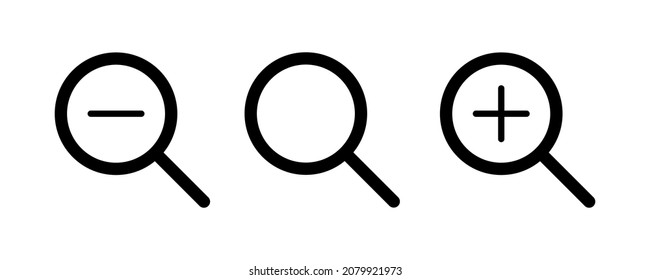 Suchsymbol-Set, Vektorgrafik. Gläserne Glasmalerei mit Pluszeichen. Zoom-Symbol