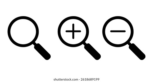 Search icon set vector. magnifying glass, zoom in, zoom out icon set vector