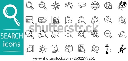 Search icon set. Search and web icon set in line style. Containing magnifying glass, find, digital marketing, research, containing SCO, web and investigate icons. Vector illustration.