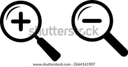  Search icon set. zoom in and zoom out icons.  search and investigation symbol. magnifier with plus and minus
