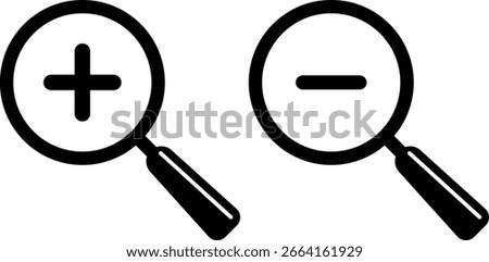  Search icon set. zoom in and zoom out icons.  search and investigation symbol. magnifier with plus and minus
