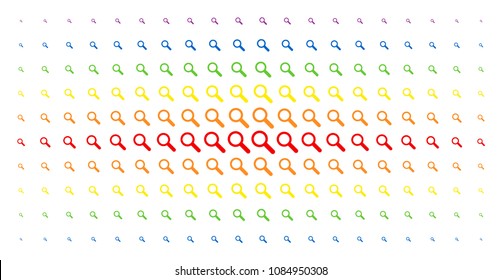 Search icon spectral halftone pattern. Vector search pictograms are arranged into halftone array with vertical spectrum gradient. Constructed for backgrounds, covers,