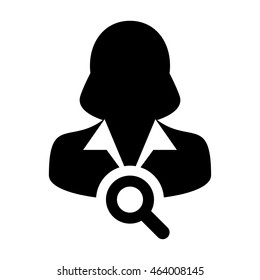 Search icon vector female user person profile avatar symbol with magnifying glass in flat color glyph pictogram illustration
