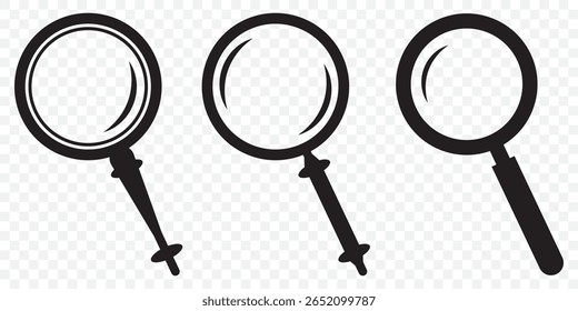 Ilustração de vetor de ícone de pesquisa, símbolo de lupa, clip-art de ícone de pesquisa, símbolo de ampliação e redução, sinal de lupa isolado em Plano de Fundo Transparente. EPS 10.