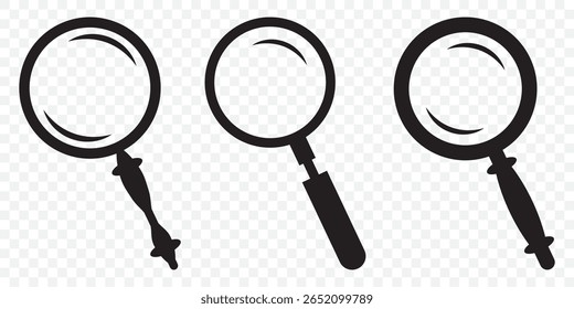 Ilustração de vetor de ícone de pesquisa, símbolo de lupa, clip-art de ícone de pesquisa, símbolo de ampliação e redução, sinal de lupa isolado em Plano de Fundo Transparente. EPS 10.