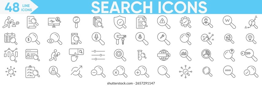 Suche Icon Vektor und Illustrator Set.Solid Icon Sammlung.Glas, finden, Forschung, SEO, zu untersuchen, Digital Marketing, Datenanalyse, Management und mehr.