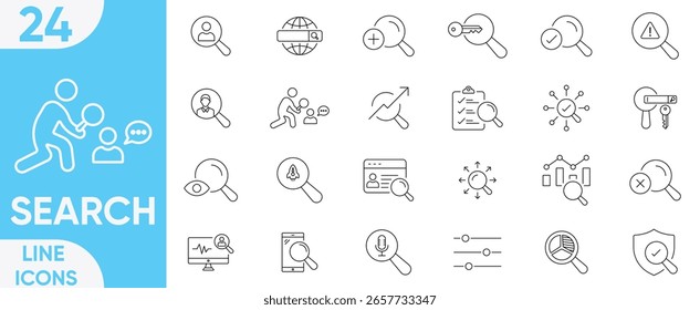 Suche Icon Vektor und Illustrator Set.Solid Icon Sammlung.Glas, finden, Forschung, SEO, zu untersuchen, Digital Marketing, Datenanalyse, Management und mehr.
