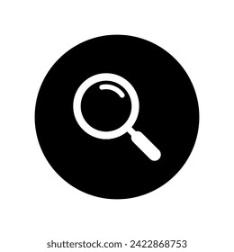 Search icon vector on black circle. Magnifying glass, magnifier sign symbol