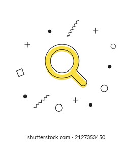 Vector de icono de búsqueda. Icono de cristal de aumento amarillo con formas geométricas sobre fondo blanco. Signo de la lupa del amplificador. Vector
