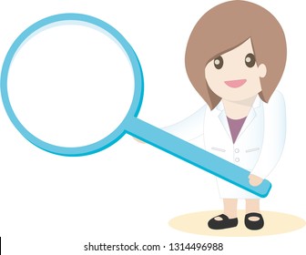 Search icon for  website and application mobile, scientist woman is using magnify glass for searching 