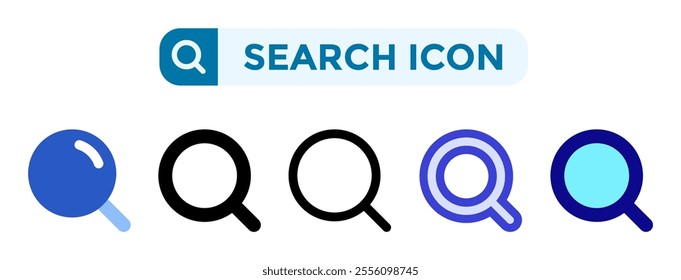Search icons in 5 different vector illustration styles. Settings icons in flat, solid, line, blue and color styles. Vector illustrations can be used for web, mobile, ui