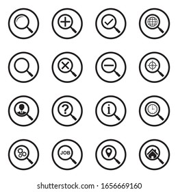 Search Icons. Black Flat Design In Circle. Vector Illustration.