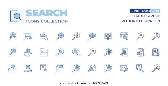 Coleção de ícones de pesquisa. Estilo Duotônico de linha, traço editável. pesquisa, pesquisa avançada, pesquisa de trabalho, pesquisa, investigação, carro, notas, cv, análise de dados.