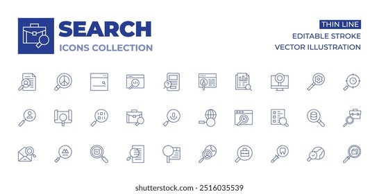 Search icons collection. Thin Line icons, editable stroke. search, data analytics, data searching, job search, mail, meta, no results, search survey.