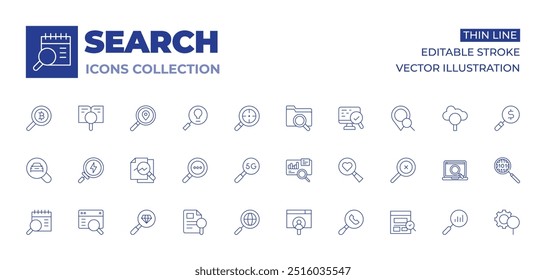 Search icons collection. Thin Line icons, editable stroke. research, analysis, analytics, code, checking, 5G, car, case.