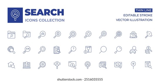 Coleção de ícones de pesquisa. Ícones de linha fina, traço editável. engrenagem, global, laptop, procurando por resposta, lupa, procurando, pesquisa paga.