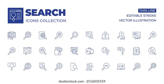 Coleção de ícones de pesquisa. Ícones de Linha Fina, traço editável. descoberta, arquivo, telefone de pesquisa, pesquisa de emprego, candidato a emprego, trabalho, notas, recrutamento on-line, pesquisa paga.