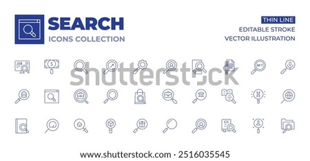 Search icons collection. Thin Line icons, editable stroke. search, searching, shopping bag, study, job search, magnifying glass, real estate, recruiter, seo.