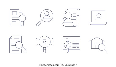 Buscar iconos. Trazo editable. Conteniendo caso, reclutamiento, búsqueda, información, casa de búsqueda.