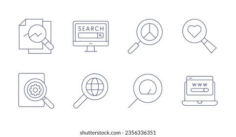 Search icons. Editable stroke. Containing analysis, browsing, searching, discovery, global, search, website.