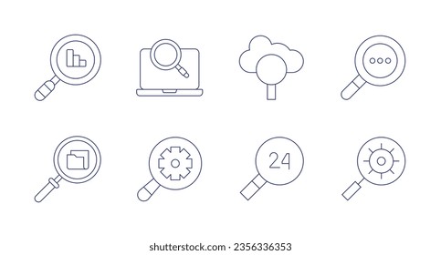 Search icons. Editable stroke. Containing analysis, browser, search, data searching, gear.