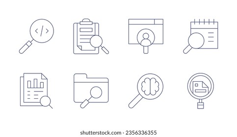Buscar iconos. Trazo editable. Contiene análisis, auditoría, búsqueda, análisis de datos, carpeta.
