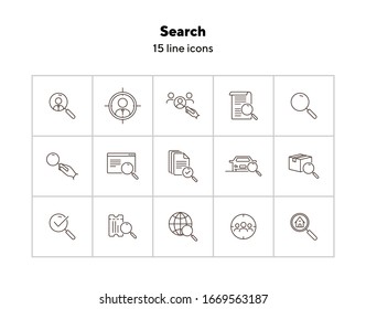 Search icons. Line icons collection on white background. Box finding, text reading, global search. Exploration concept. Vector illustration can be used for topic like internet, tracking, diagnostics
