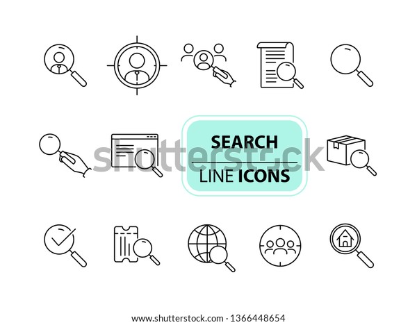 Search icons. Line icons collection on white\
background. Box finding, text reading, global search. Exploration\
concept. Vector illustration can be used for topic like internet,\
tracking, diagnostics
