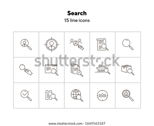 Search icons. Line icons collection on white\
background. Box finding, text reading, global search. Exploration\
concept. Vector illustration can be used for topic like internet,\
tracking, diagnostics